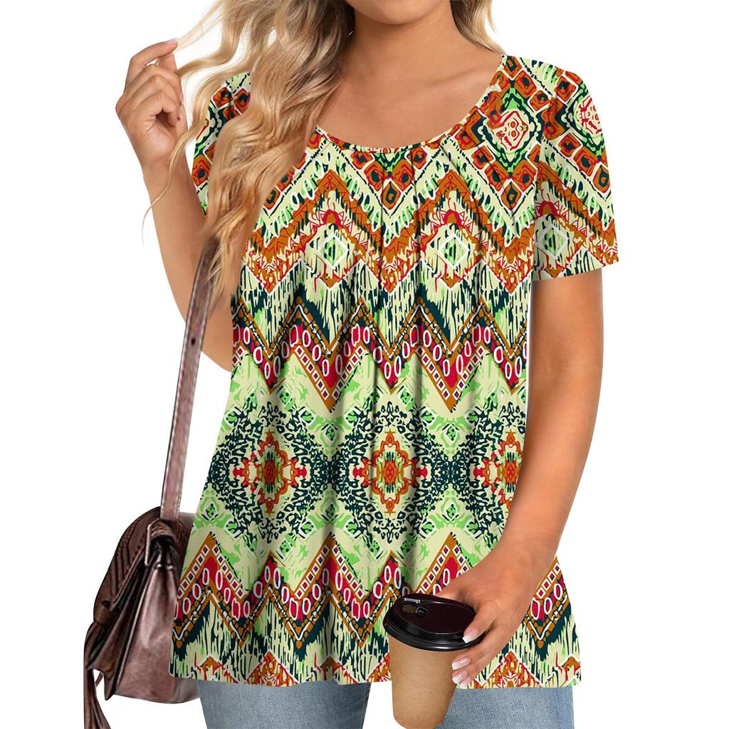 Plus Size Women's Casual Round Neck Pleated Short Sleeve Color Top
