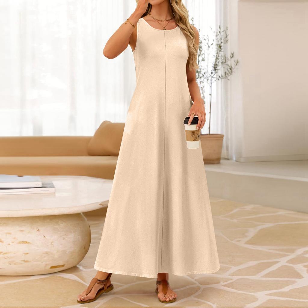 Women's Casual Loose Fit Sleeveless Maxi Dress Round Neck Stretchy Basic Beach Vacation Dress