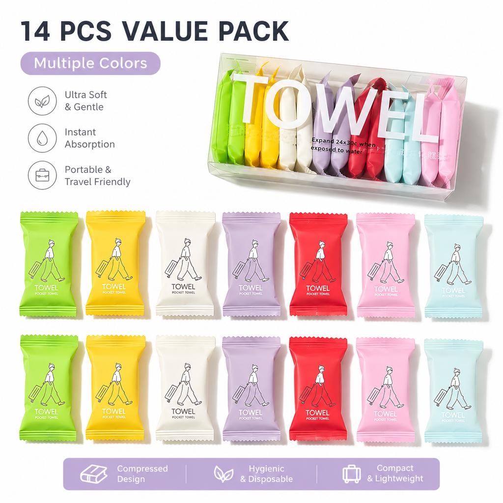 14PCS Disposable Compressed Face Towels Portable Travel Cleansing Towels Individually Wrapped