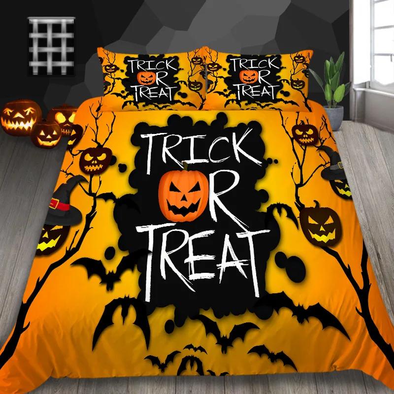 Halloween Pumpkin King Queen Duvet Cover Cartoon Black Cat Bedding Set Kids Girls Orange Pumpkin Lantern Polyester Quilt Cover