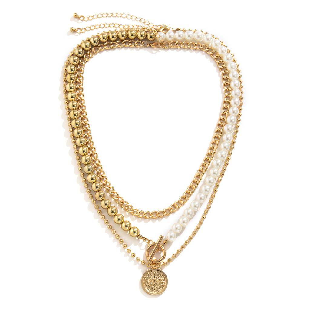 Vintage Imitation Pearl Splicing Necklace Multi-layer LOVE Letter Collarbone Chain Elegant OT Buckle Necklace