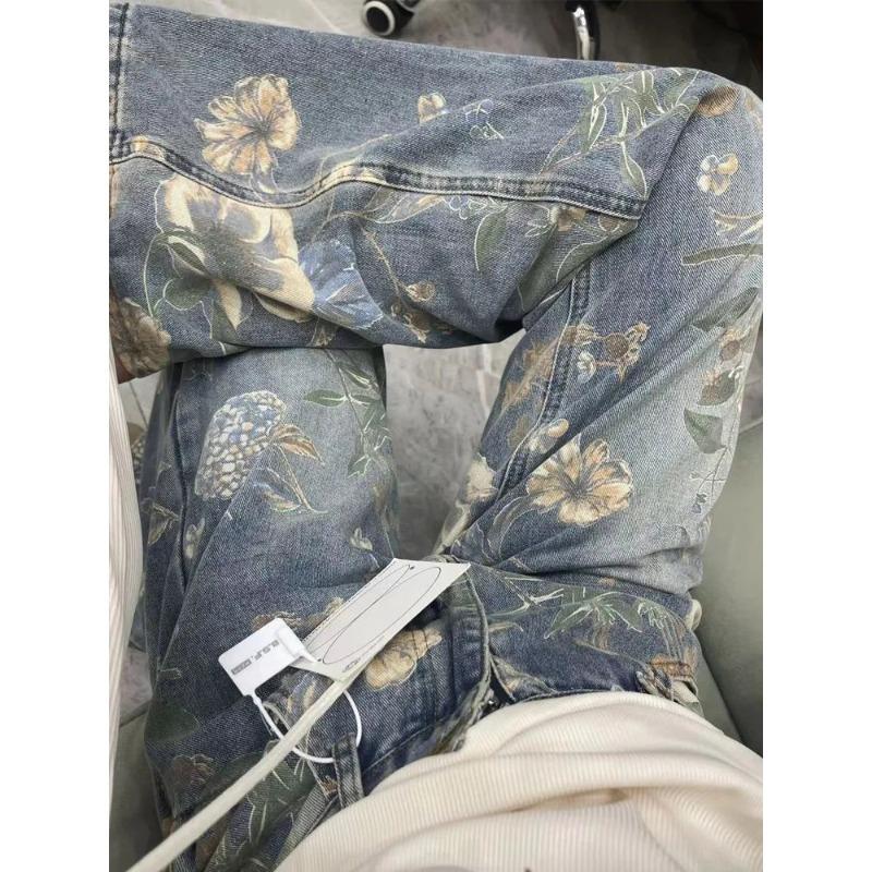 Floral Printed Wide Leg Female's Jeans American Retro High Waisted Trousers Fashionable Versatile Multi Pockets Bottoms