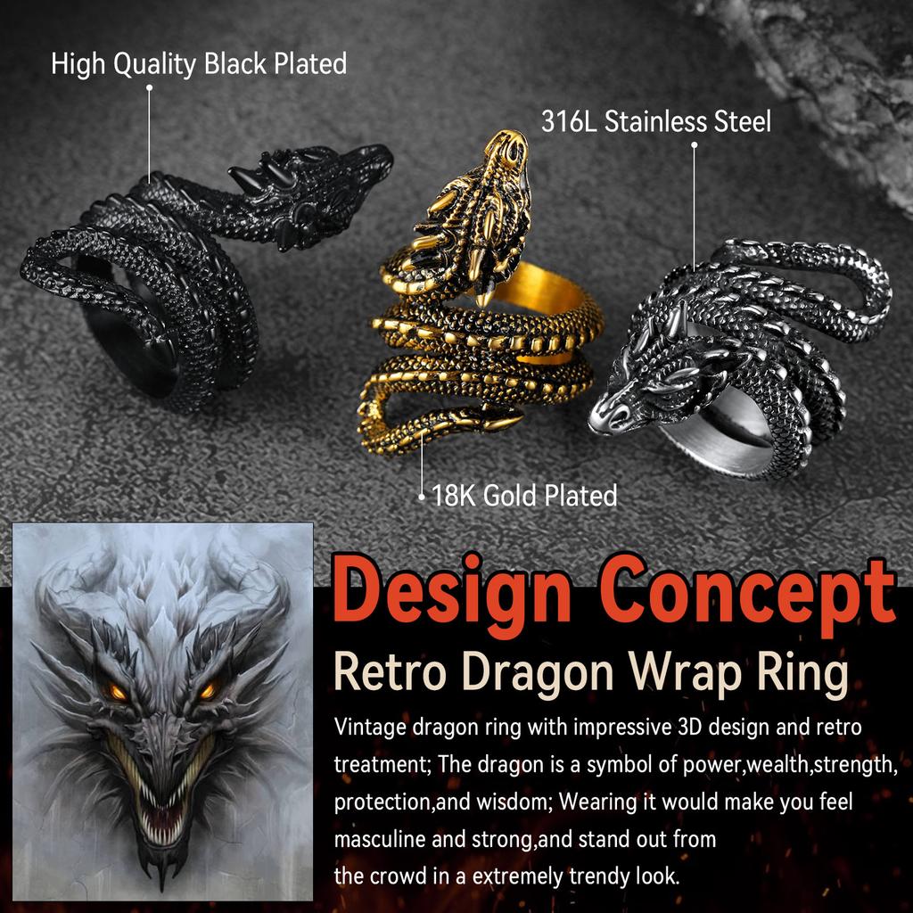 Anelli a Drago U7 in Acciaio Inossidabile per Uomo Donna Nero Retrò Colore Oro 14K Anelli Avvolti Drago Animale Vivace Gioielli Cool Regalo