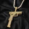 Classic Retro Style Women's Trendy Jewelry Hip Hop Gun Pendant 5A Zircon Gold Plated Brass Charms with Cuban Link Chain Necklace