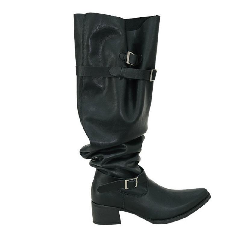 Long boots, trouser boots, women's spring new models, pointed toes, thick heels, but knee stacking boots, big tube circumferential knight boots