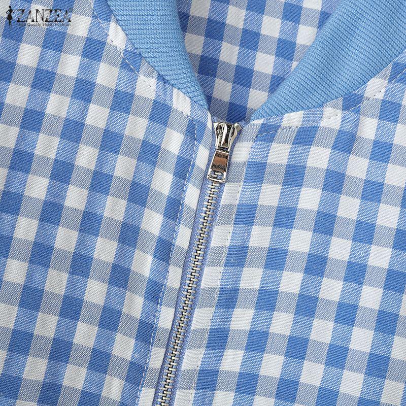 ZANZEA Women Casual Round Neck Long Sleeve Plaid Print Zipper Blouse