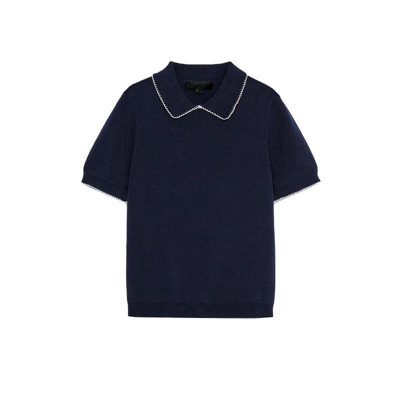 Summer Women's Clothing Preppy Style Color Contrast Patchwork Trim Short Sleeve Lapel Casual Knitting Tops 2142040