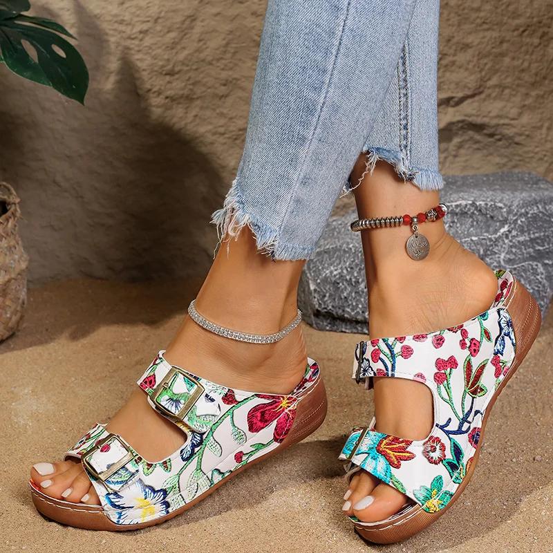 Fashion Fashion Printed Wedge Heels Sandals Women Summer 2025 Double Buckle Platform Slippers Woman Lightweight Non Slip Beach Sandles
