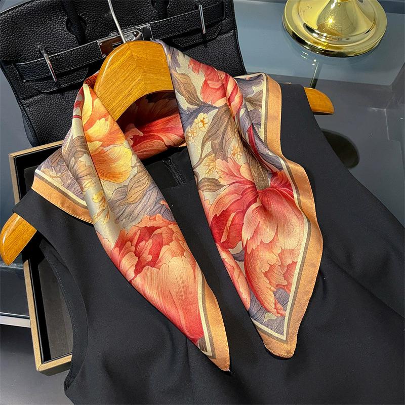 53cm Square Scarf 100% Pure Real Silk Scarves for Women Foulard Fashion 2025 Floral Brand Print Shawls Hijab Bandana Headband