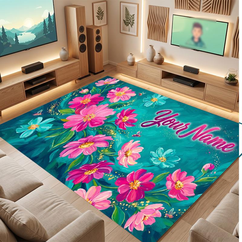 Floral Garden Theme Soft Crystal Velvet Rug Custom Name & Text Print Non Slip Floor Rug for Bedroom Living Room
