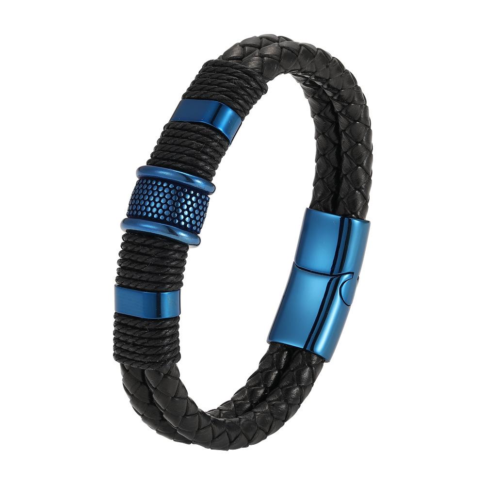 Woven Leather Rope Wrap Special Style Classic Stainless Steel Men's Leather Bracelet Double-layer Design 21cm