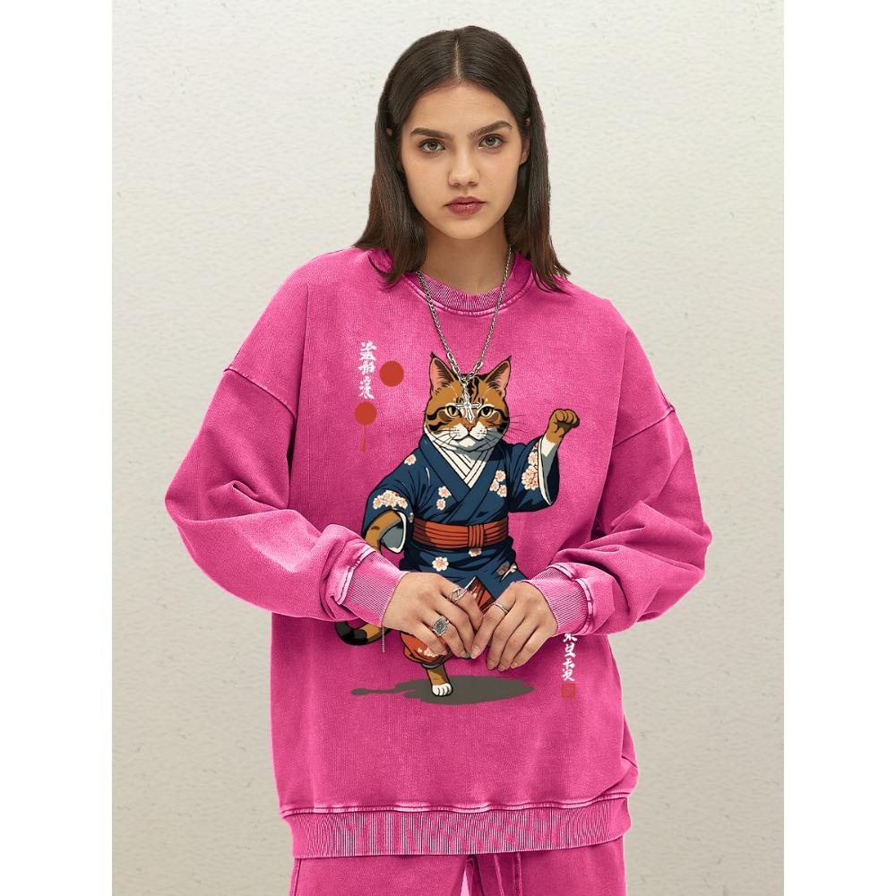 Japanese Cartoon Standing Cat Print Women Washed Sweatshirt Cotton Casual Pullover Streetwear Autumn Loose Clothes