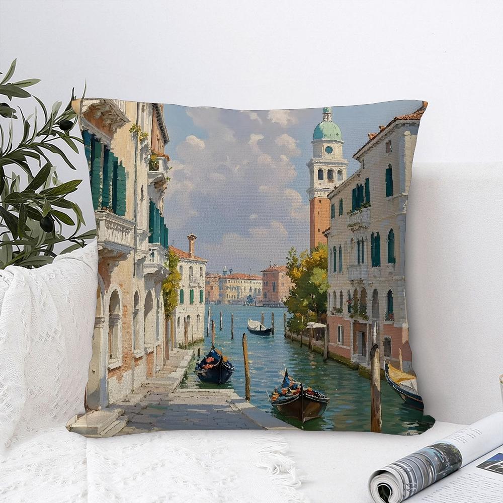 Oil Painting Venice Town Pillow Case Plush Fabric Soft Pillowcase Double Sided Print Cushion Cover Throw Pillow Cover