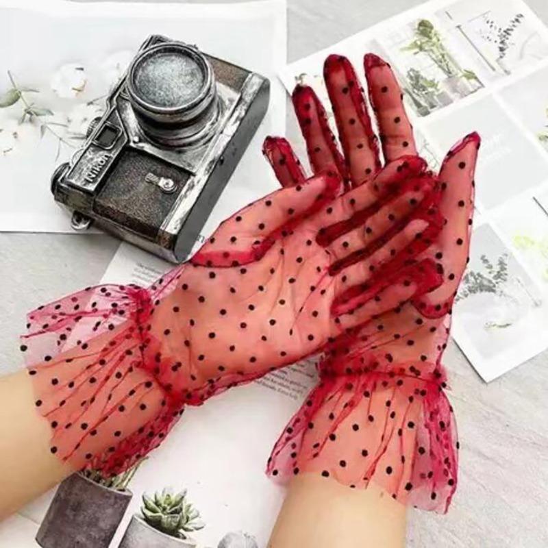 1 Pair Lace Gloves Fashion Autumn Summer Women Short Tulle Stretchy Lotus Leaf Sheers Flexible Mesh Gloves Full Finger