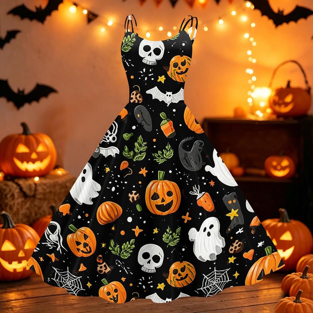 Womens Halloween Print Dress Off Shoulder Punk Style Vintage Flared Skirt Spaghetti Strap Sleeveless Dress for Party