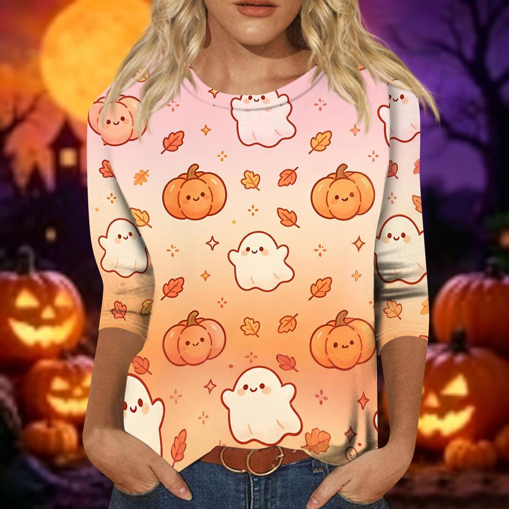 Women's Casual Halloween Print 3/4 Sleeve Round Neck Top Lightweight Soft Fabric Pullover Shirt for Everyday Wear