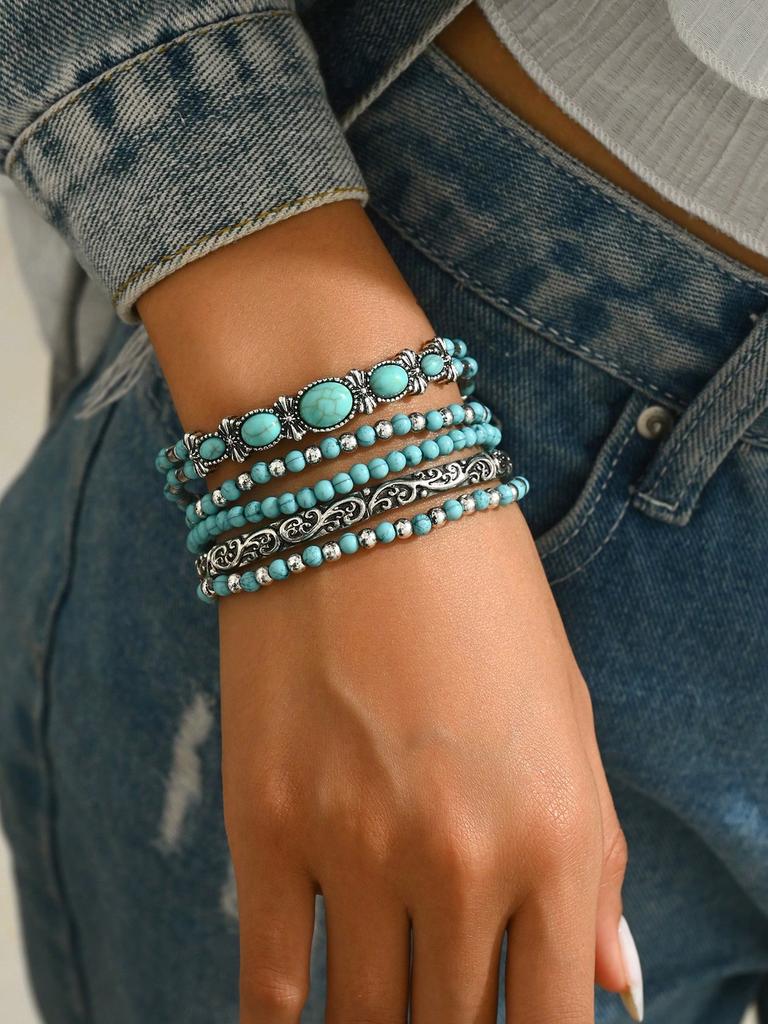 5pcs/Set Western Cowboy Style Faux Turquoise Series Fashion Stretch Beaded Bracelet Set, Suitable For Women Or Men For Daily Wear