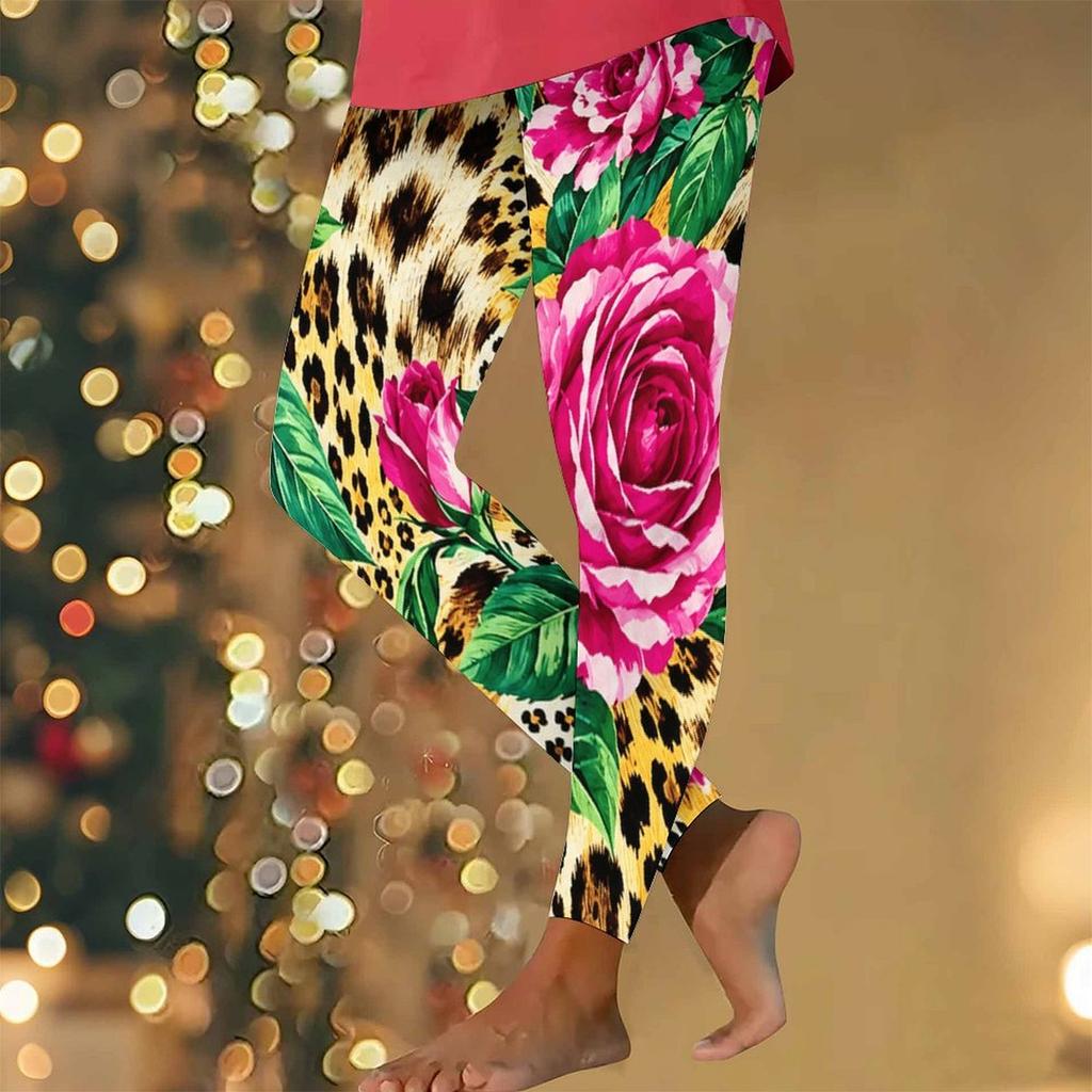 Women Plus Size High Waist Full Length Leopard Rose Floral Printed Yoga Leggings