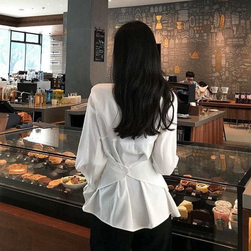 

Модная новая повседневная свободная рубашка с воротником-стойкой и длинным рукавом для женщин, нестандартная тонкая элегантная белая блузка для женщин, плиссированная уличная блузка на пуговицах 25790 L белый