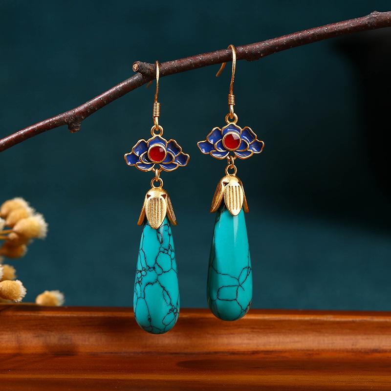 Gold-Plated Copper Lotus Earrings with Faux Turquoise – Retro Cheongsam Hanfu Style, Resistant To Fading.