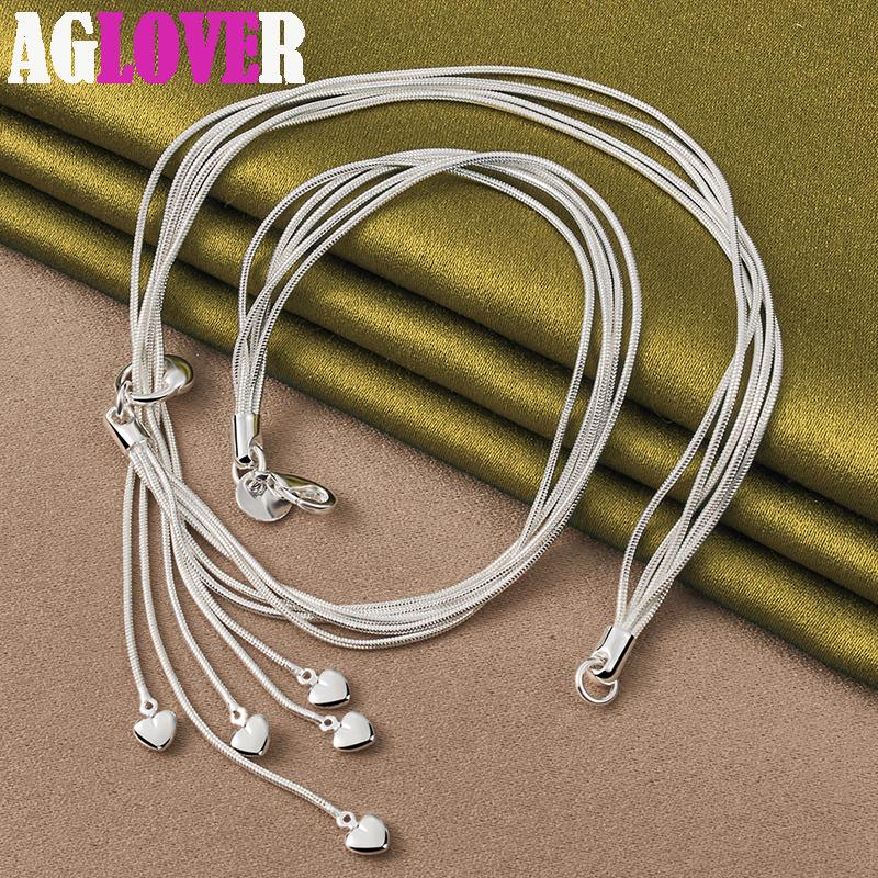 925 Sterling Silver Five Snake Chain Heart Necklace Jewelry
