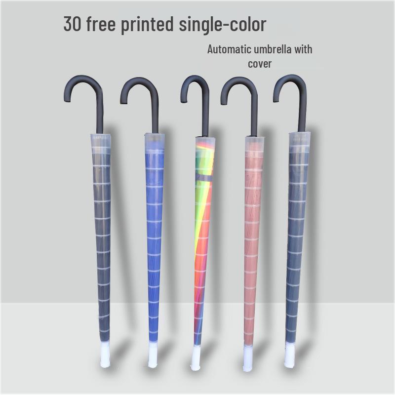 Large Automatic Long-Handled Umbrella with 16 Ribs, Curved Handle, and Waterproof Cover for Sun and Rain.