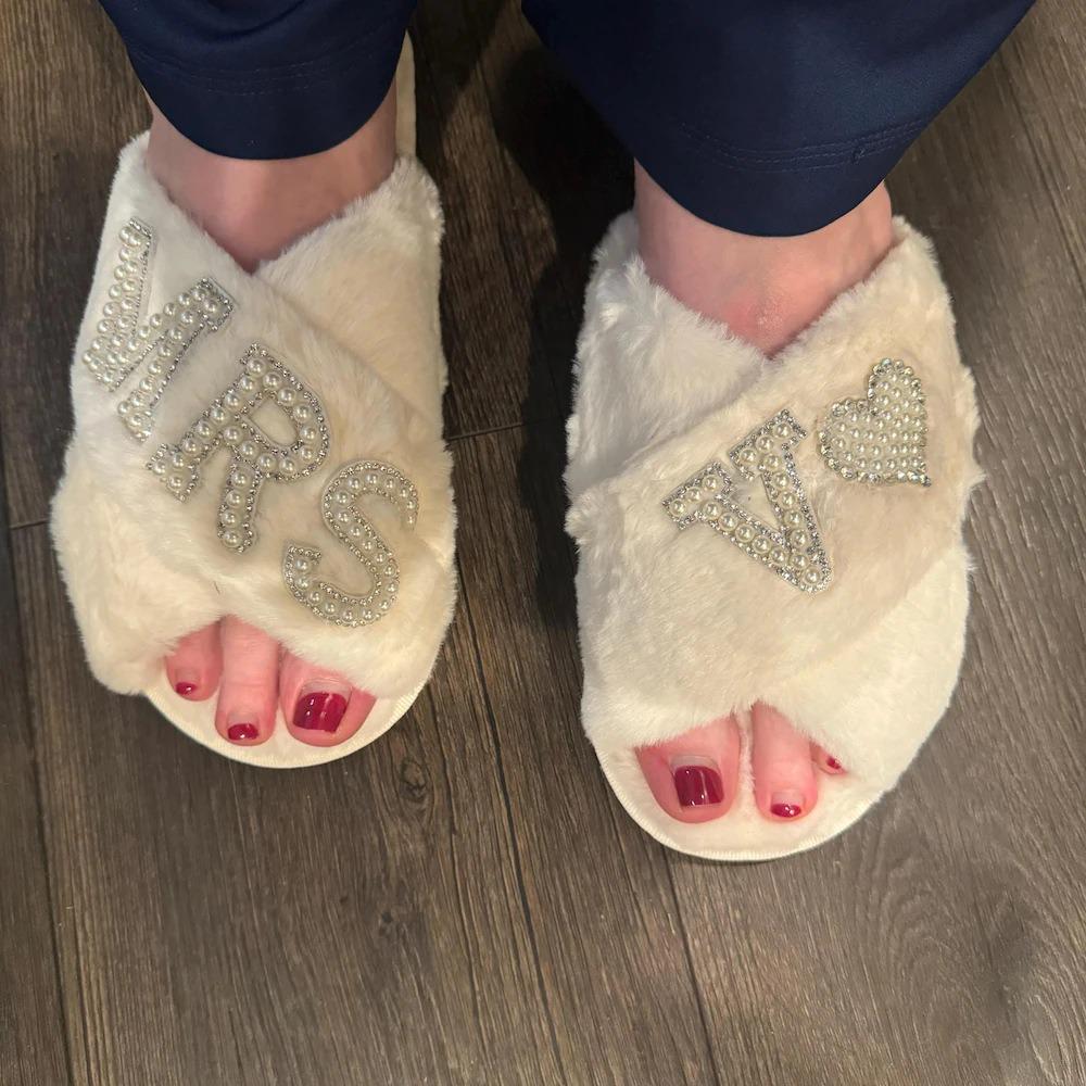 Pearl Letter MRS Plush Cross-Band Slippers for Bridesmaids