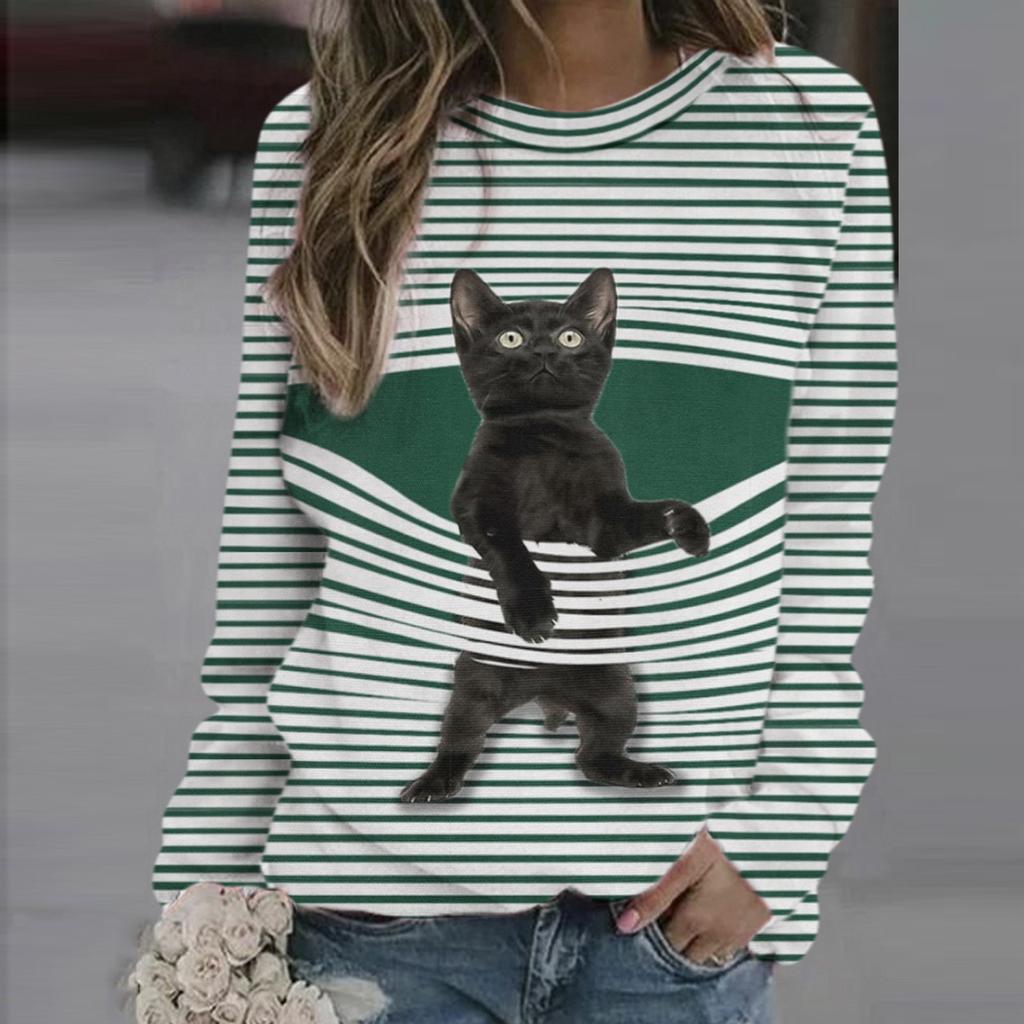 Womens Casual Crewneck Cartoon Cat  Striped Loose Soft Long Sleeve Pullover Tops