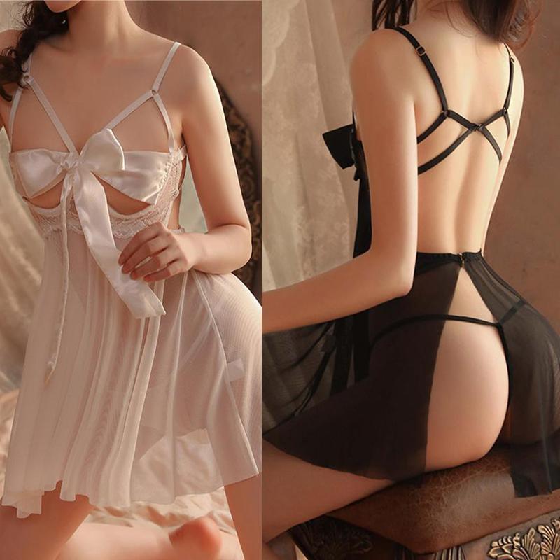 Sexy Babydolls Bow knot mesh perspective strap suspender Sex shop xxx 18 fancy women underwear open crotch sexi women's outfit