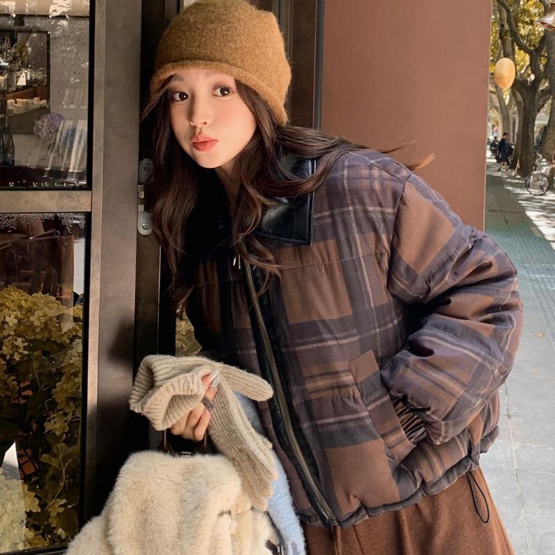 Winter new lapel casual fashion cotton coat women's contrasting color plaid bread clothes short splicing cotton clothes