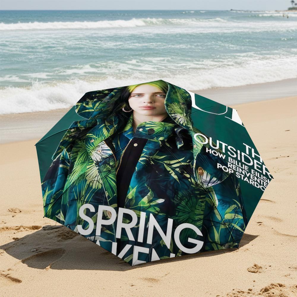 1 Stück Automatischer Faltregenschirm - Billie Eilish Muster, Tragbares & Faltbares Design mit 8 Speichen, Weihnachts-Geburtstagsgeschenke
