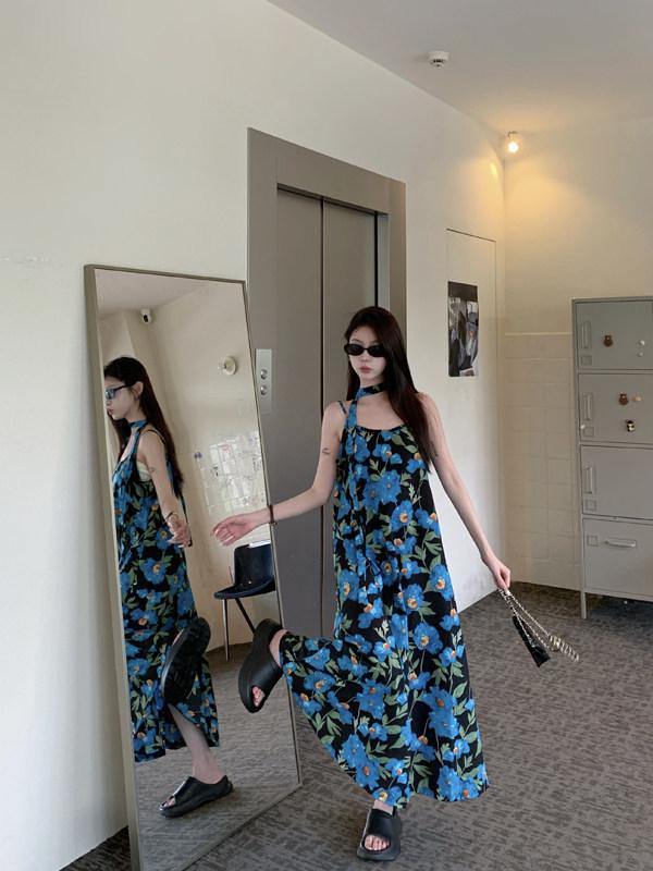 Seaside Resort French Blue Floral Spaghetti Strap Sleeveless Dress for Women, Summer 2026