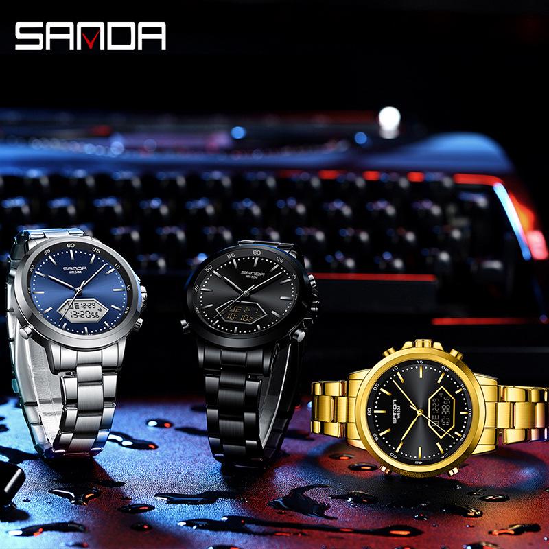 Sanda Men's Multifunction Luminous Waterproof Chronograph Steel Band Dual Display Watch