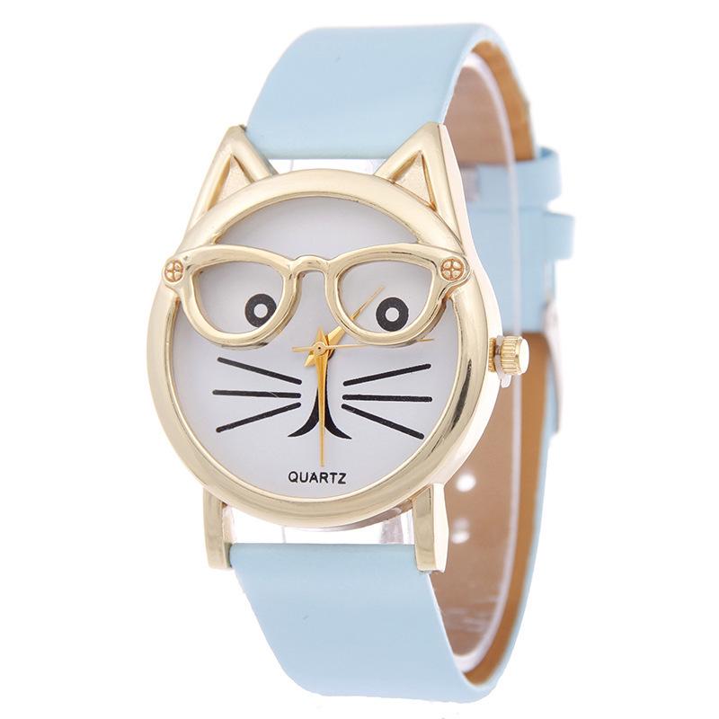 

Cat Glasses Face Womens Watch Cartoon Solid Color No Word Gold Frame Wear Daily небо синє кольору