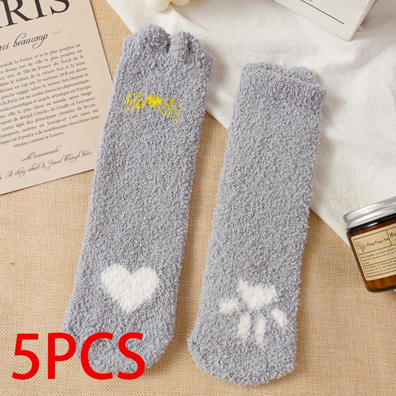 5 Pairs Autumn Winter Cartoon Cat Tube Socks Women Heart-shaped Coral Fleece Socks Cute Sweet Thick Soft Warm Home Sleep Sock