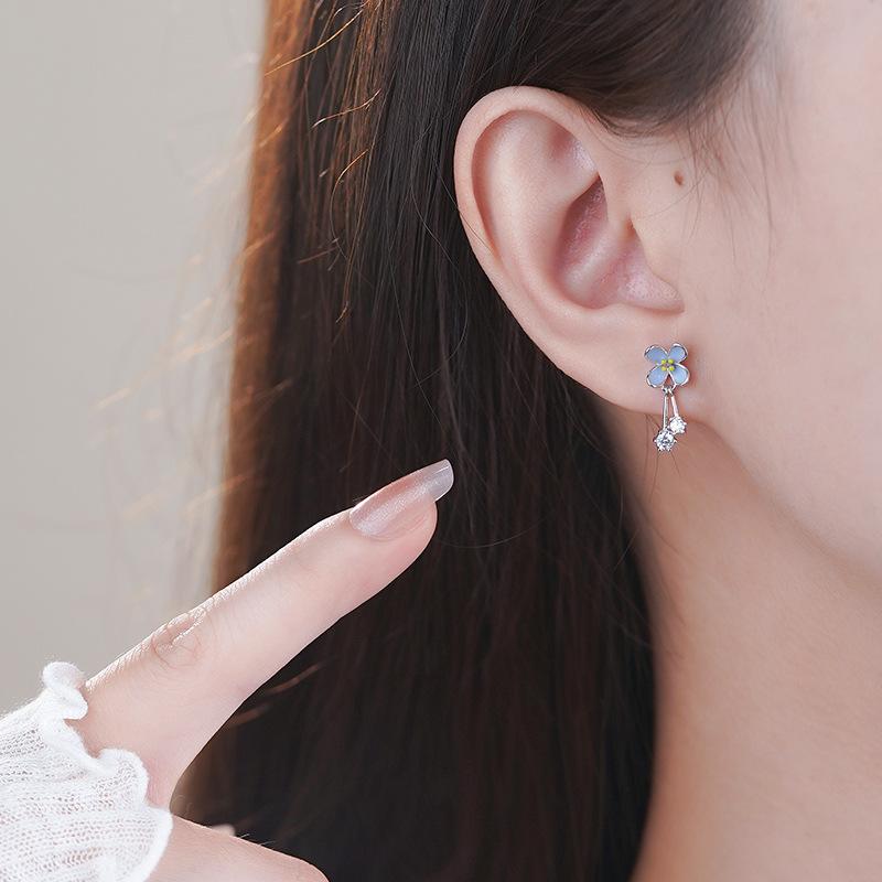 Blue Flower Zircon Earrings Unique Design Sweet and Beautiful Niche Earrings