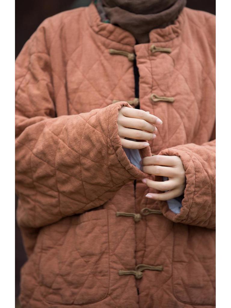 Women's Winter Ramie Quilted Diamond Pattern Cotton Coat with Frog Buttons - Bohemian Style