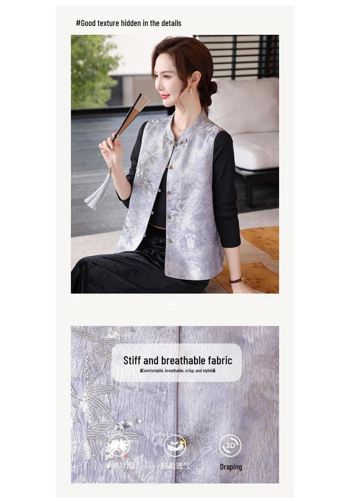 2026 Women's Embroidered Spring Vest – Chinese National Style Outerwear for Middle-Aged & Elderly