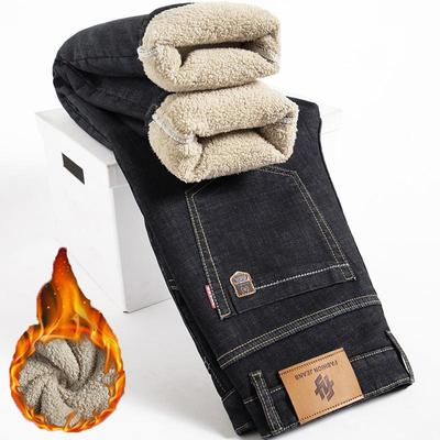 Zimné Lamb Fluff Denim Rovné nohavice Muži Hrubšie džínsy veľkej veľkosti Vysoký pás Stretch Džínsové fleece podšité Teplé Slim