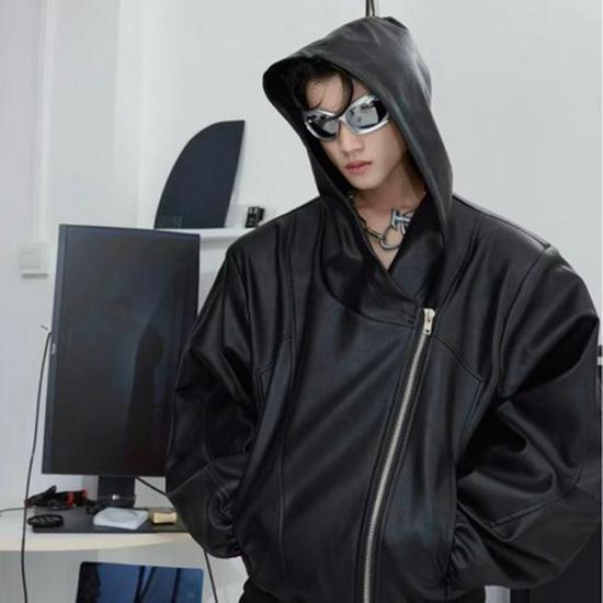 Men's Deconstructed PU Leather Hooded Jacket - Autumn/Winter 2025, Loose Scimitar Sleeve Design