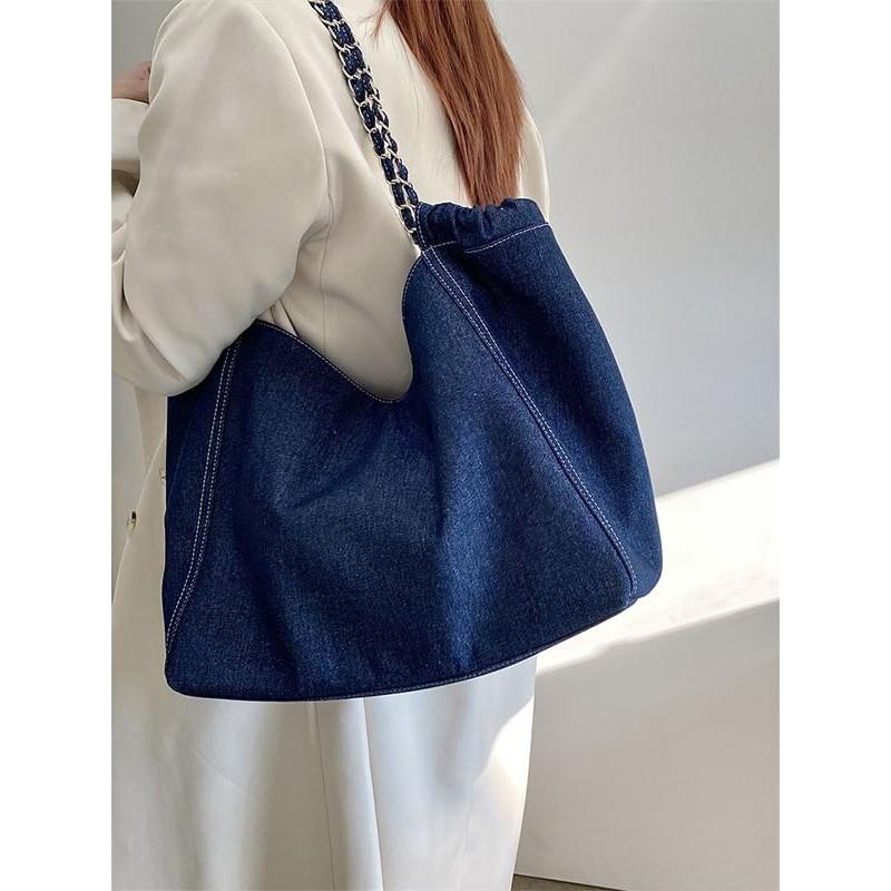 IELGY Female Bag Korean Style Large-Capacity Denim Chain Shoulder Tote Bag
