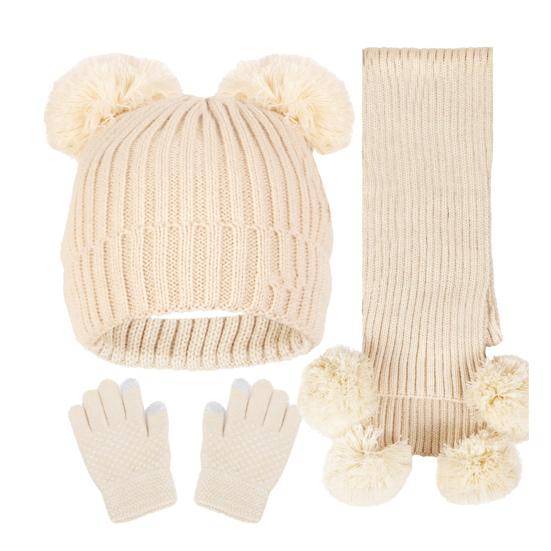 3Pcs/Set Kids Hat Scarf Gloves Set Solid Color Jacquard Plush Ball Decor Knitting Hat Long Scarf Winter Gloves Set