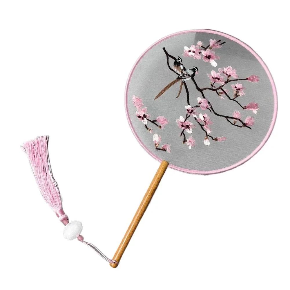 Round Double Sided Embroidery Fan Chinese Style Wooden Handle Embroidery Round Fan Tassels with Pendant Hanfu Hand Fan