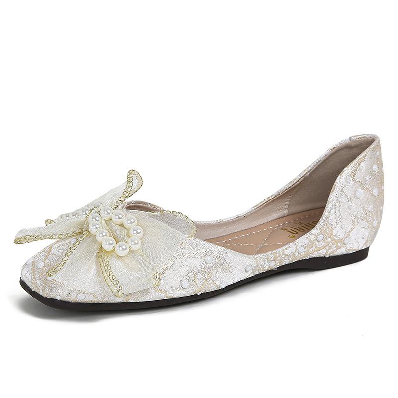 Fashion Pearl Bowtie Ballet Flats Women Sequines Cloth Slip On Loafers 34-43 Big Size Embroider Ballerina Shoes Woman Shallow Moccasins