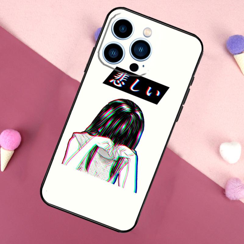 Sad Japanese Aesthetic Art Case For iPhone 16 Pro Max 11 12 13 Mini 14 15 Pro Max 16 Plus XR 16e Phone Back Cover