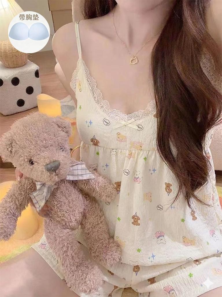 Pajamas with Chest Pads, Women's Summer Clouds, Cotton Feeling, Advanced Feeling, Can Be Worn Outside, Cartoon Suspenders, Shorts, Loungewear Set