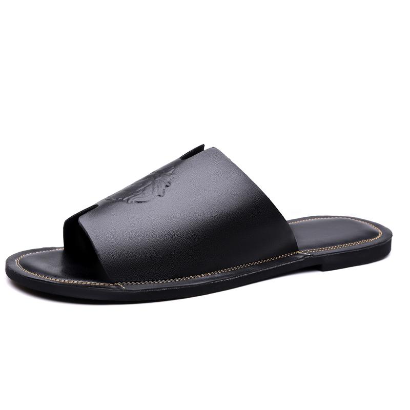 Herren Schwarz Leder Hausschuhe Handgemacht Einfache Flache Schuhe Sommer Orange Römische Sandalen Offene Zehen Strand Schuhe Übergröße