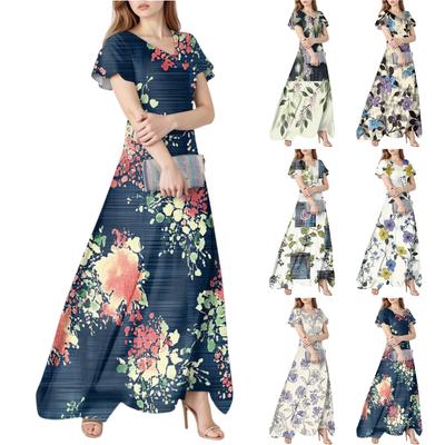 Kadın İlkbahar ve Yaz Günlük Moda Çiçek Baskılı Elbise V Yaka Kısa Kollu Elbise