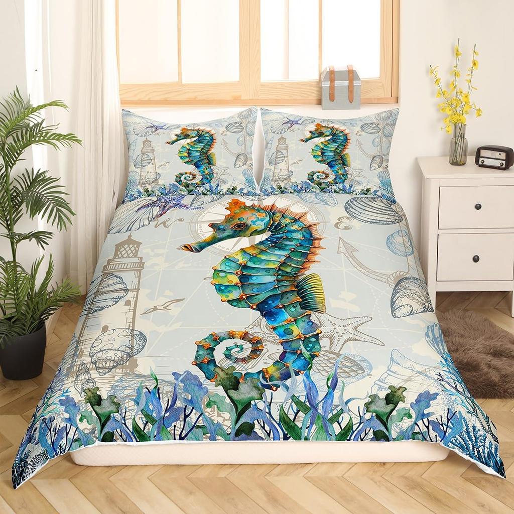 Seahorse Duvet Cover Sets For Kids Teens Queen Lightweight Bedding Sets Ocean Animal Bedspread Covers Bedroom Decor No Comforter