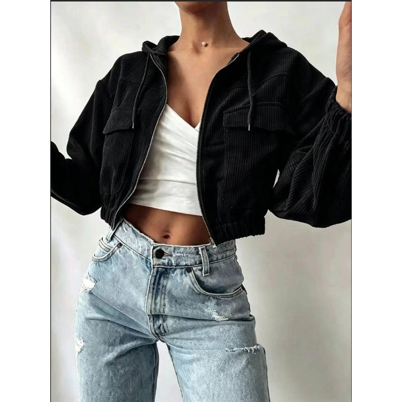 Women's Solid Color Core Fleece Hooded Drawstring Zipper Bubble Long Sleeve Short Jacket